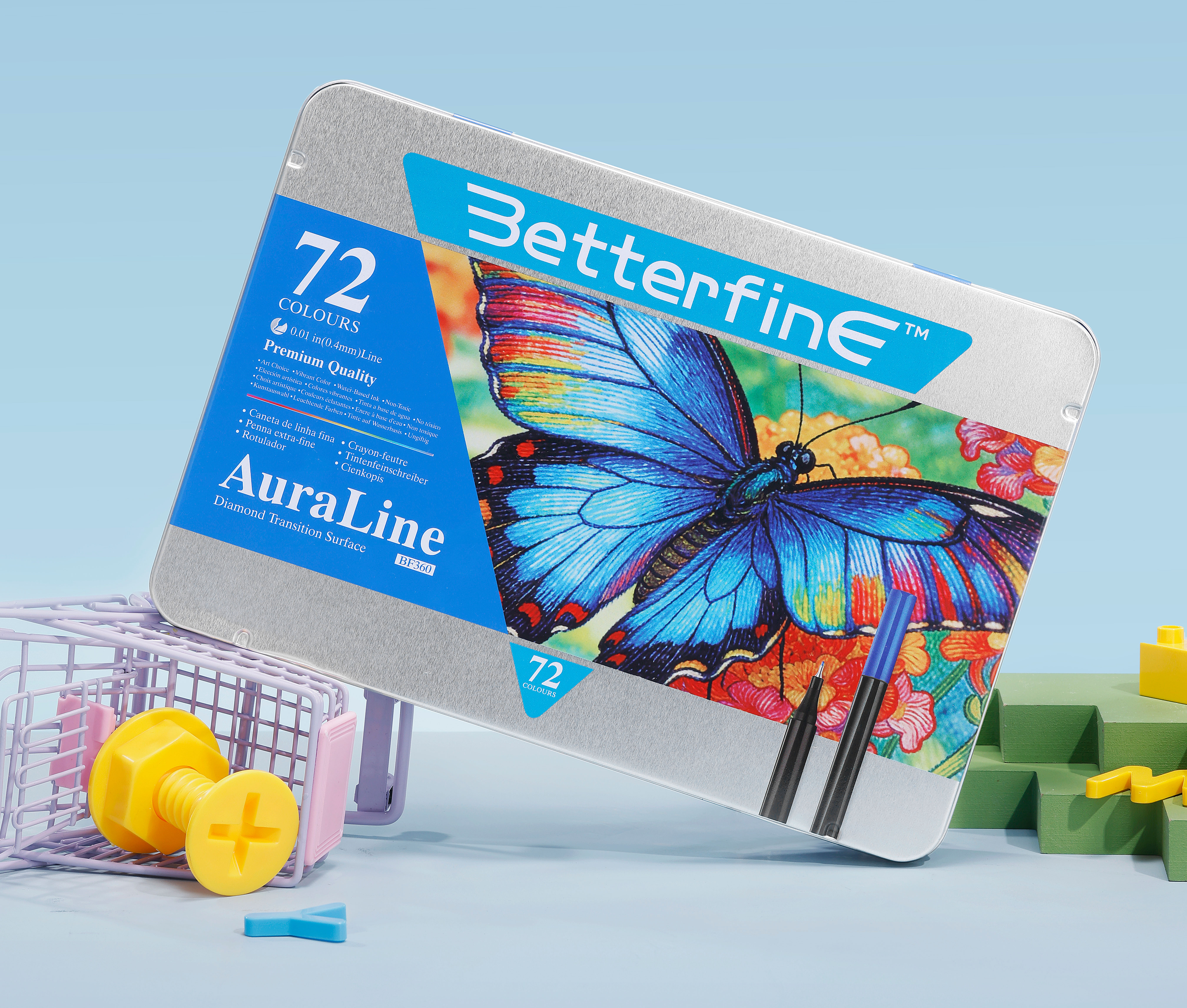 Premium marker collection set with various colors displayed on white background, high-quality plastic packaging, professional photography with soft lighting