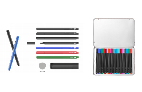 Premium marker collection set with various colors displayed on white background, high-quality plastic packaging, professional photography with soft lighting