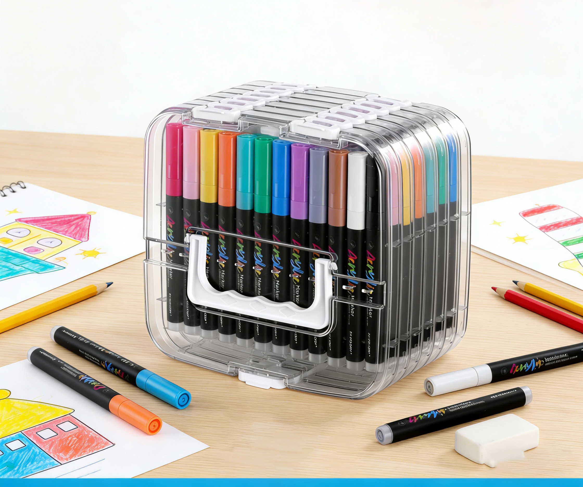 Beginner marker kit with colorful packaging, includes 24 basic colors, educational style presentation with clean background